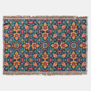 Colorful Boho Floral Pattern Elegant Symmetry Throw Blanket