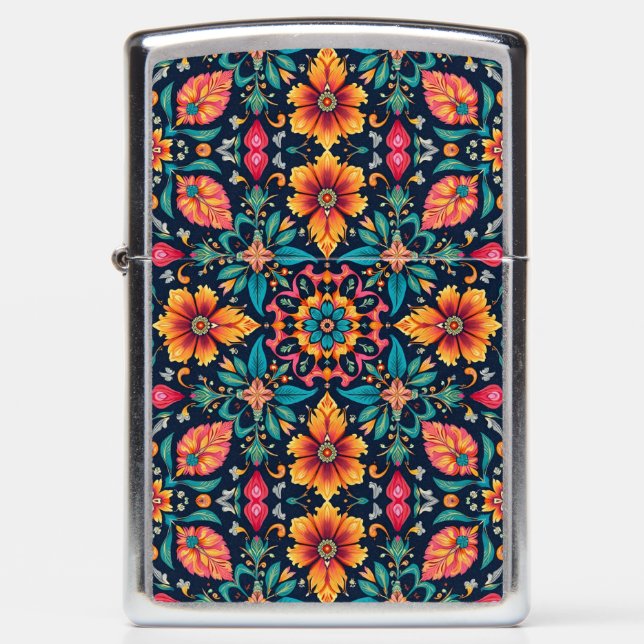 Colorful Boho Floral Pattern Elegant Symmetry Zippo Lighter (Front)
