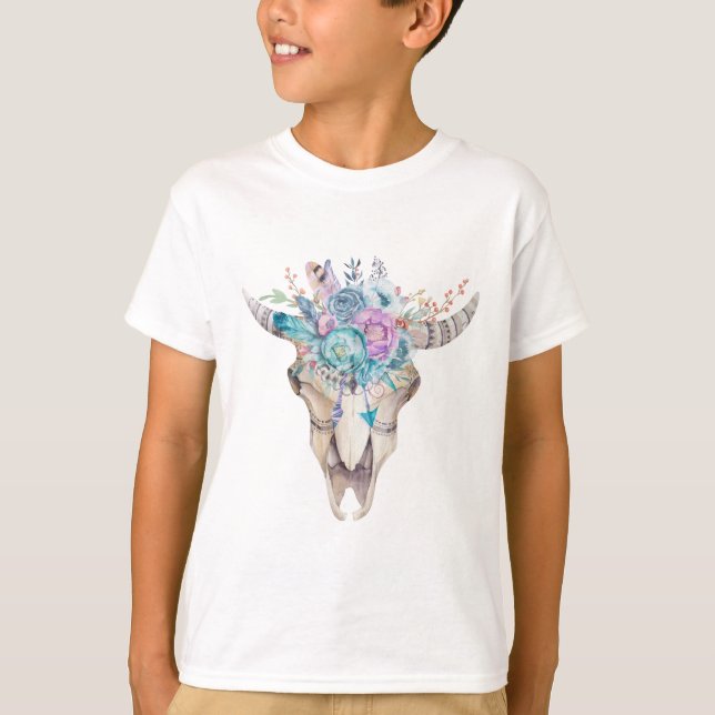 Colorful Boho Floral Skull T-Shirt (Front)