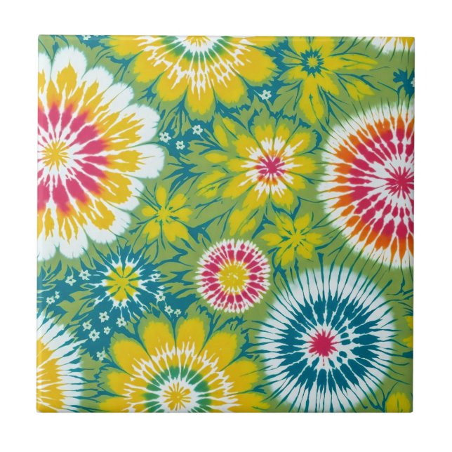 Colorful Boho Floral Tie Dye Design Ceramic Tile (Front)