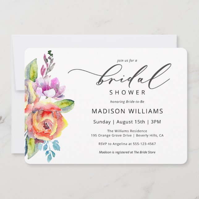 Colorful Boho Floral Watercolor Bridal Shower Invitation (Front)