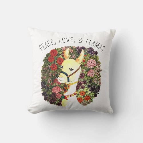 Colorful Boho Floral Watercolor Peace Love Llama Throw Pillow