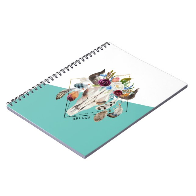 Colorful boho flowers bull skull geometric design notebook (Left Side)