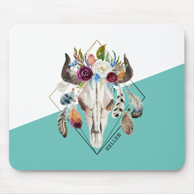 Colorful boho flowers geometric bull skull mouse pad (Front)