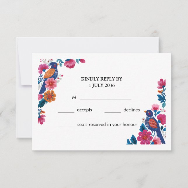 Colorful Boho Folk Birds and Flowers Wedding RSVP Card (Front)