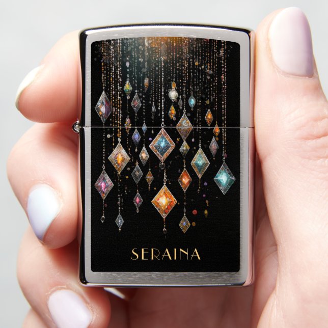 Colorful Boho Gems on Black V2 ID1035 Zippo Lighter (In Hand)