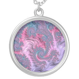 Colorful Boho Hippie Groovy Trippy Pastel Fractal Silver Plated Necklace