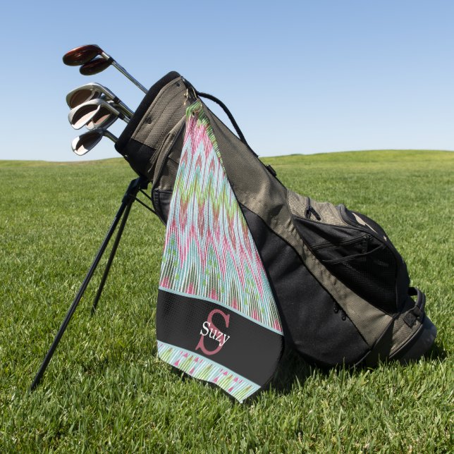 Colorful Boho Hippie Pattern Initial Monogram Golf Towel (Green)
