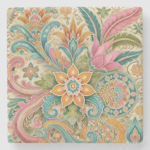 Colorful Boho Indonesian Batik Floral Watercolor Stone Coaster
