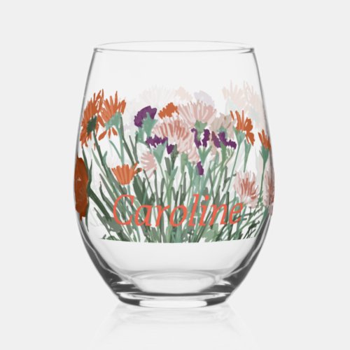 Colorful Boho Pretty Spring Flowers Custom Name Stemless Wine Glass