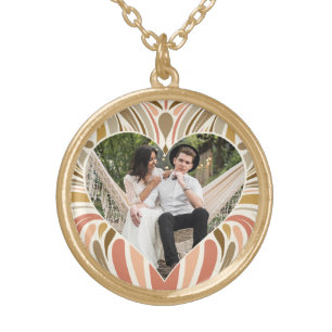 Colorful Boho Print with Heart Photo Gold Plated Necklace