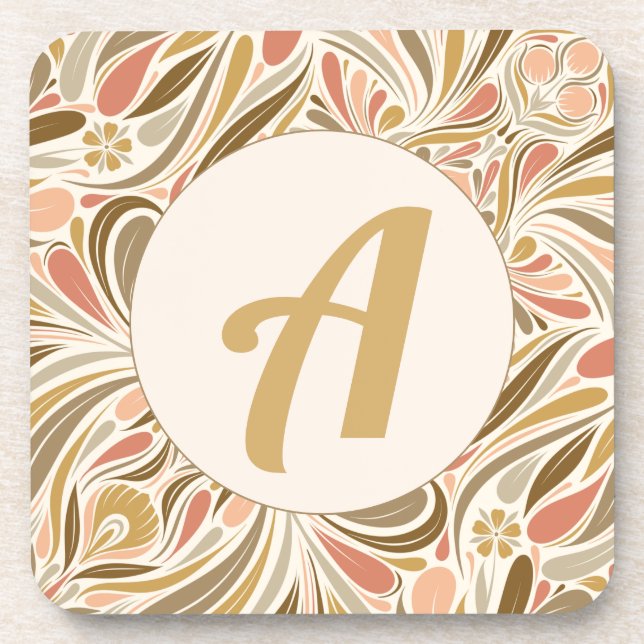 Colorful Boho Print with Retro Monogram Beverage Coaster (Front)