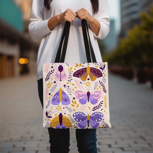 Colorful Boho  Purple Yellow Butterfly Moth Design Tote Bag