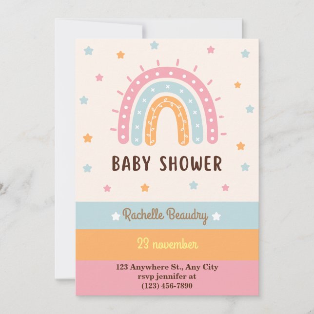 Colorful boho rainbow birthday invitation (Front)