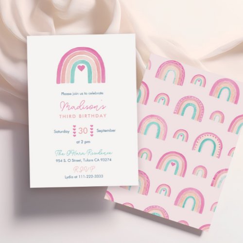 Colorful Boho Rainbow Hearts Girl Birthday Party Invitation