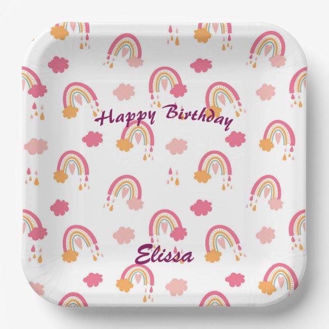 Colorful Boho Rainbow Pattern Birthday Name Paper Plates (Front)