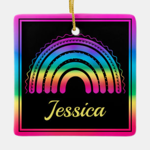 Colorful Boho Rainbow Throw Pillow Ceramic Ornament