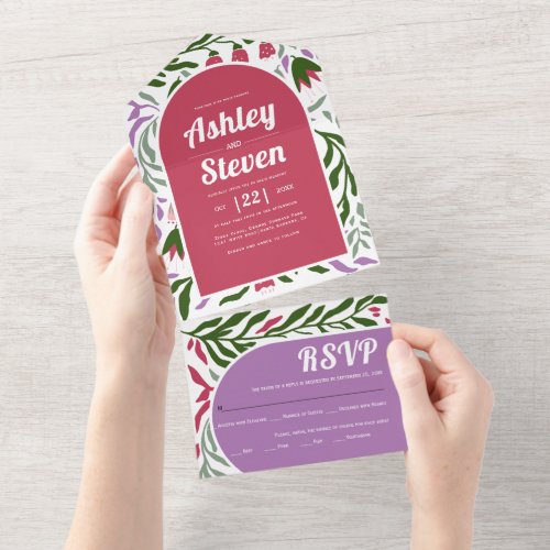 Colorful boho retro arch and flowers wedding  all in one invitation