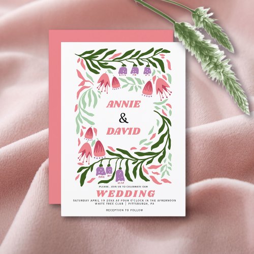 Colorful boho retro branches and flowers wedding invitation