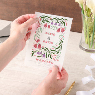 Colorful boho retro branches and flowers wedding vellum invitations