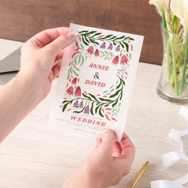 Colorful boho retro branches and flowers wedding vellum invitations (Handheld)