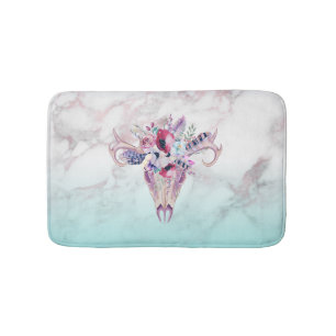 Colorful Boho Skull & Flowers Over Marble Ombre Bath Mat