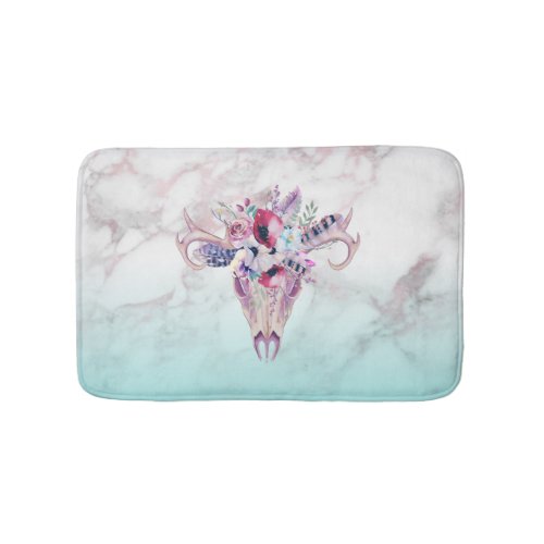 Colorful Boho Skull  Flowers Over Marble Ombre Bath Mat