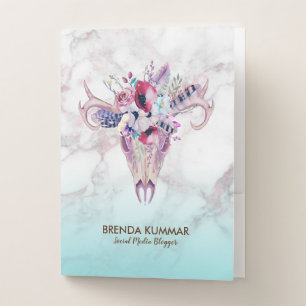 Colorful boho skull & rose-gold marble ombre pocket folder