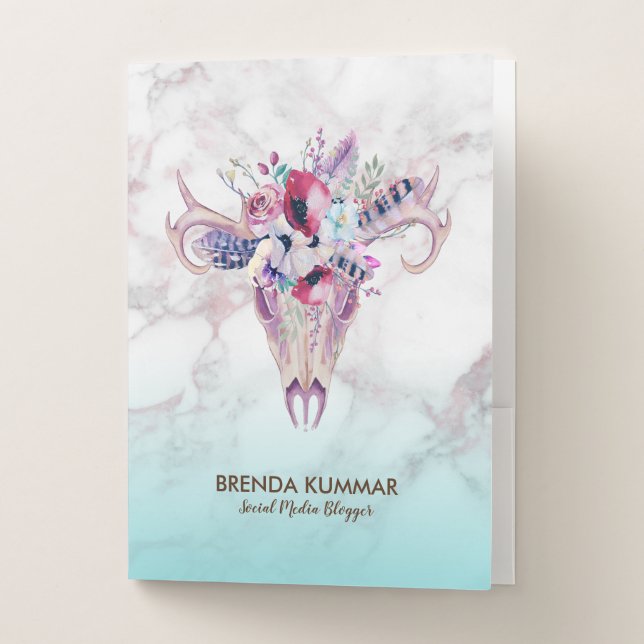 Colorful boho skull & rose-gold marble ombre pocket folder (Front)