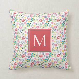 Colorful Boho Spring Garden Flowers Monogram Throw Pillow