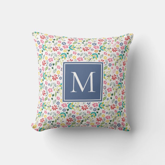 Colorful Boho Spring Garden Flowers Monogram Throw Pillow (Front)