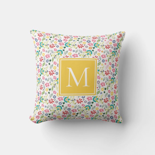 Colorful Boho Spring Garden Flowers Monogram Throw Pillow (Front)