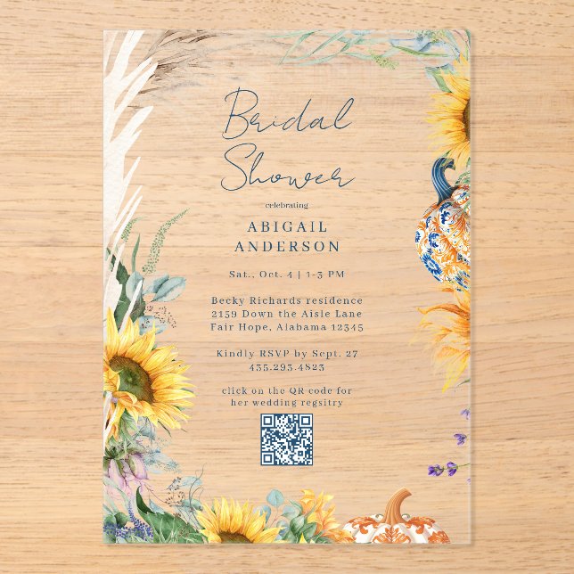 Colorful Boho Teal Pumpkin Fall Bridal Shower  Acrylic Invitations (Front)