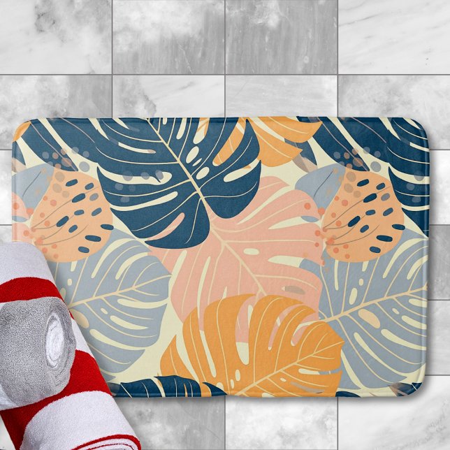 Colorful Boho Tropical Leaves Pattern Bath Mat (Creator Uploaded)