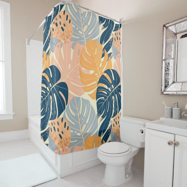 Colorful Boho Tropical Leaves Pattern Shower Curtain (In Situ)