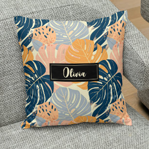 Colorful Boho Tropical Leaves Pattern Throw Pillow