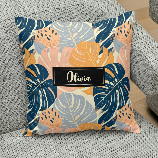 Colorful Boho Tropical Leaves Pattern Throw Pillow (Creator Uploaded)