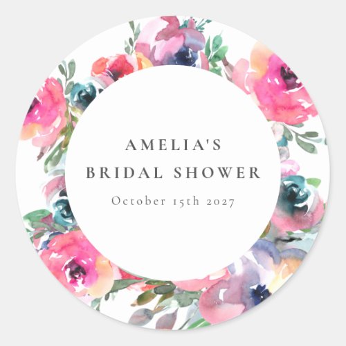 Colorful Boho Watercolor Floral Bridal Shower Classic Round Sticker
