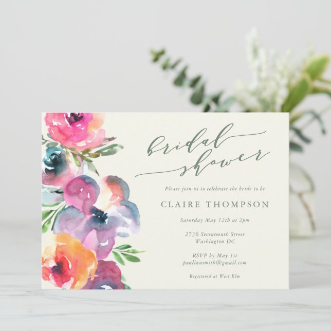 Colorful Boho Watercolor Flowers Bridal Shower Invitation (Standing Front)