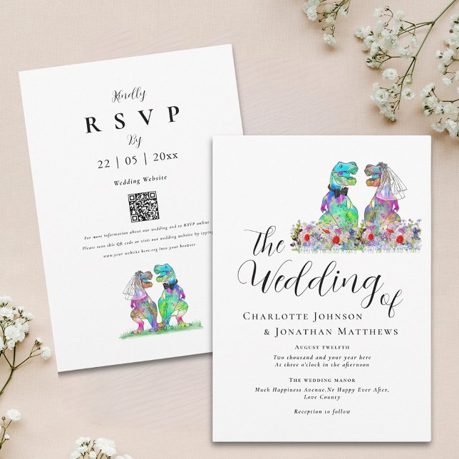 Colorful Boho Wildflower Dinosaur Theme Wedding Invitation (Elegant wildflower dinosaur wedding invitation with watercolor florals and qr code)