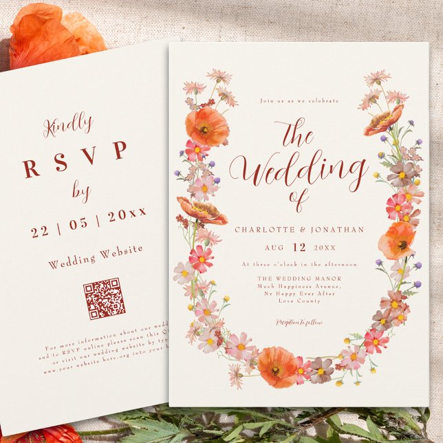 Colorful Boho Wildflower Fall Wedding Invitation (Elegant Boho wildflower wedding qr code invitation )