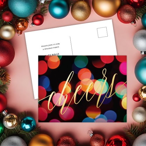 Colorful Bokeh Cheers Gold Foil Holiday Invite