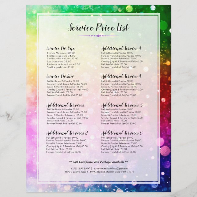 Colorful Bokeh Glitter Services Price List Flyer (Front)