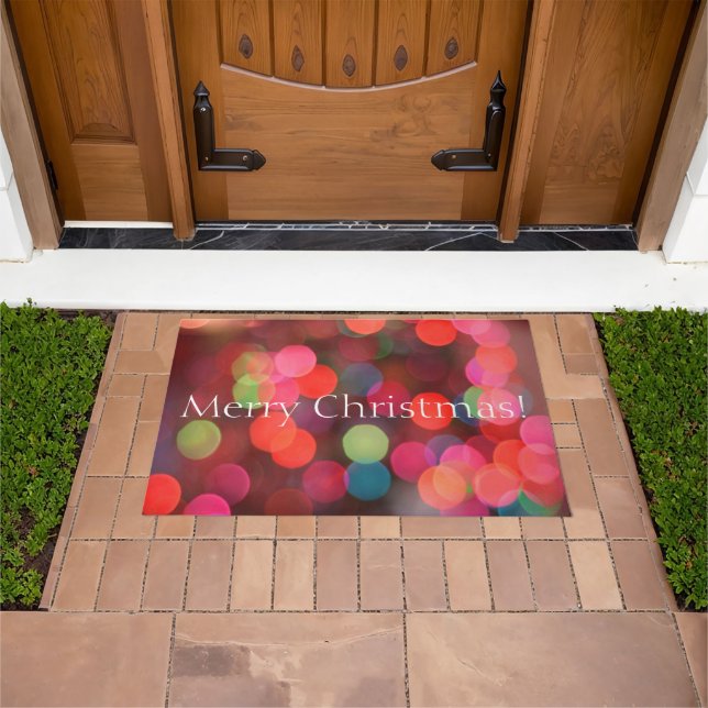 Colorful Bokeh Lights Merry Christmas Greeting Doormat (Outdoor)