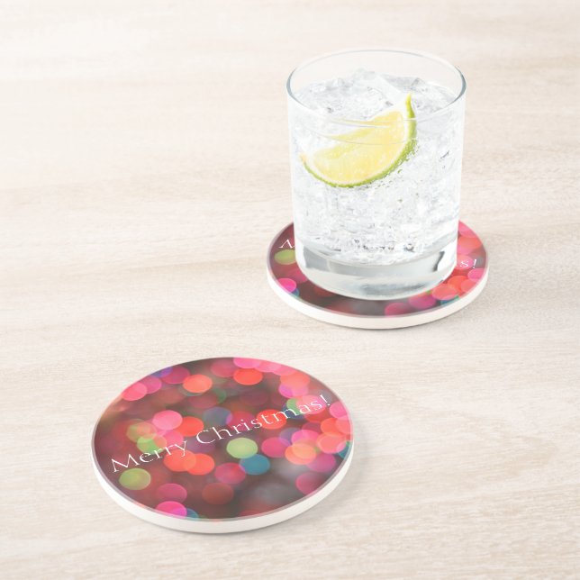 Colorful Bokeh Lights Merry Christmas Greeting Drink Coaster (Side)
