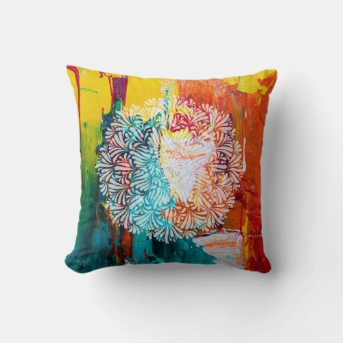 Colorful Bold Abstract Painting with Petal Mandala Throw Pillow