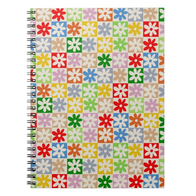 Colorful Bold Aesthetic Checkered Flower Pattern Notebook (Front)