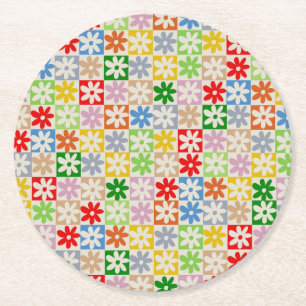 Colorful Bold Aesthetic Checkered Flower Pattern Round Paper Coaster