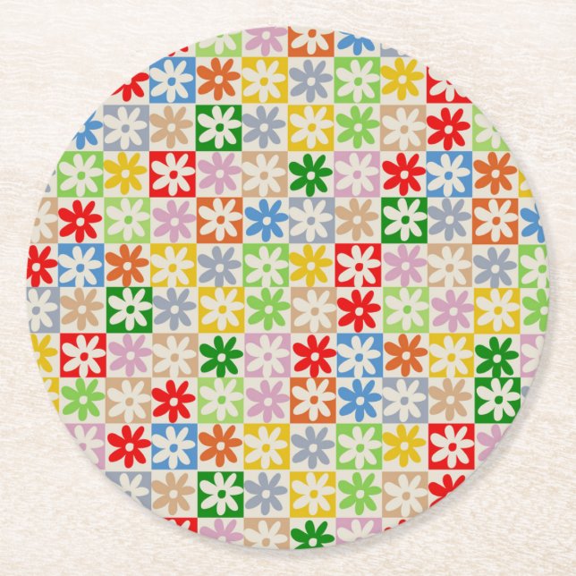 Colorful Bold Aesthetic Checkered Flower Pattern Round Paper Coaster (Front)