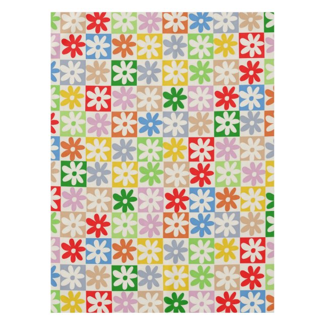 Colorful Bold Aesthetic Checkered Flower Pattern Tablecloth (Front)